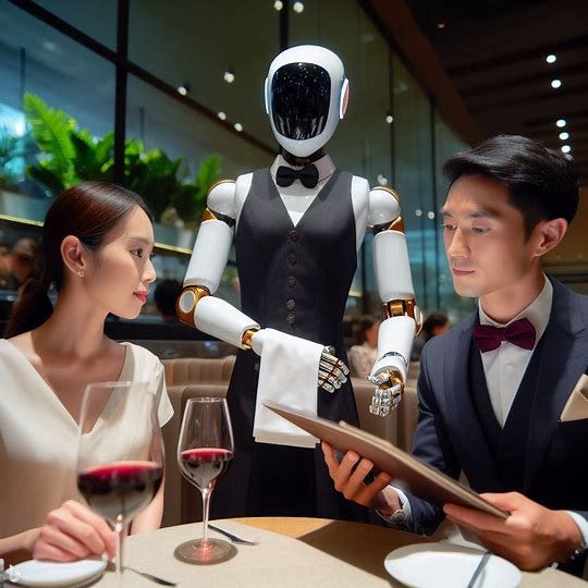 cutting edge humanoid robot dressed in a waiters outfit in a high end classy restaurant, showing two people at a table the wine list, with a napkin draped over its arm. Image 2 of 4