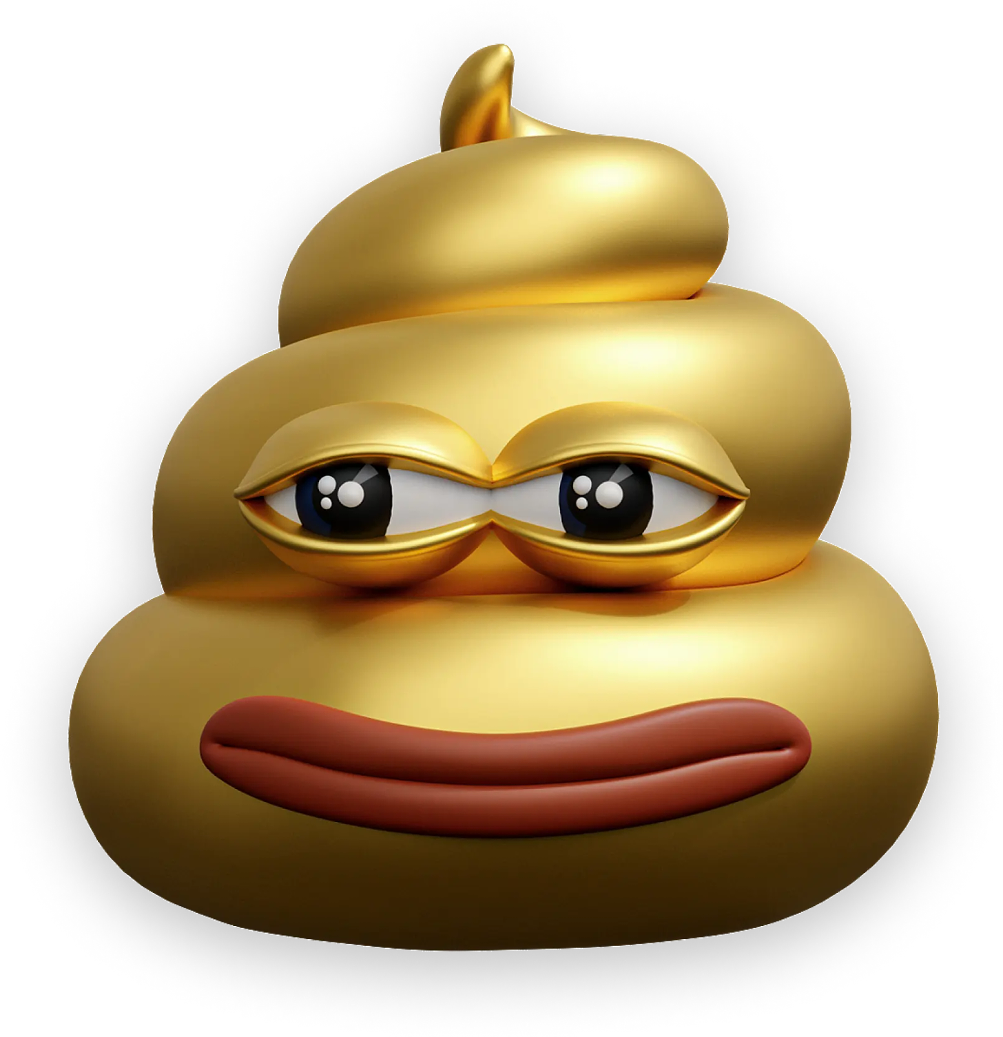 A shiny golden pile of poo, with a smile and eyes resembling those of Pepe the Frog
