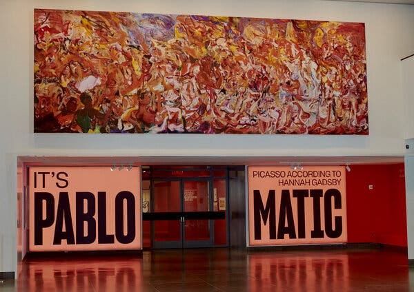 The entry to the Brooklyn Museum show “It’s Pablo-matic,” with a large painting by Cecily Brown showing a swirling mass of faces.