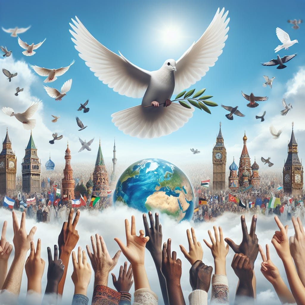 Dove in flight holding an olive branch above the world with many hands making a peace sign