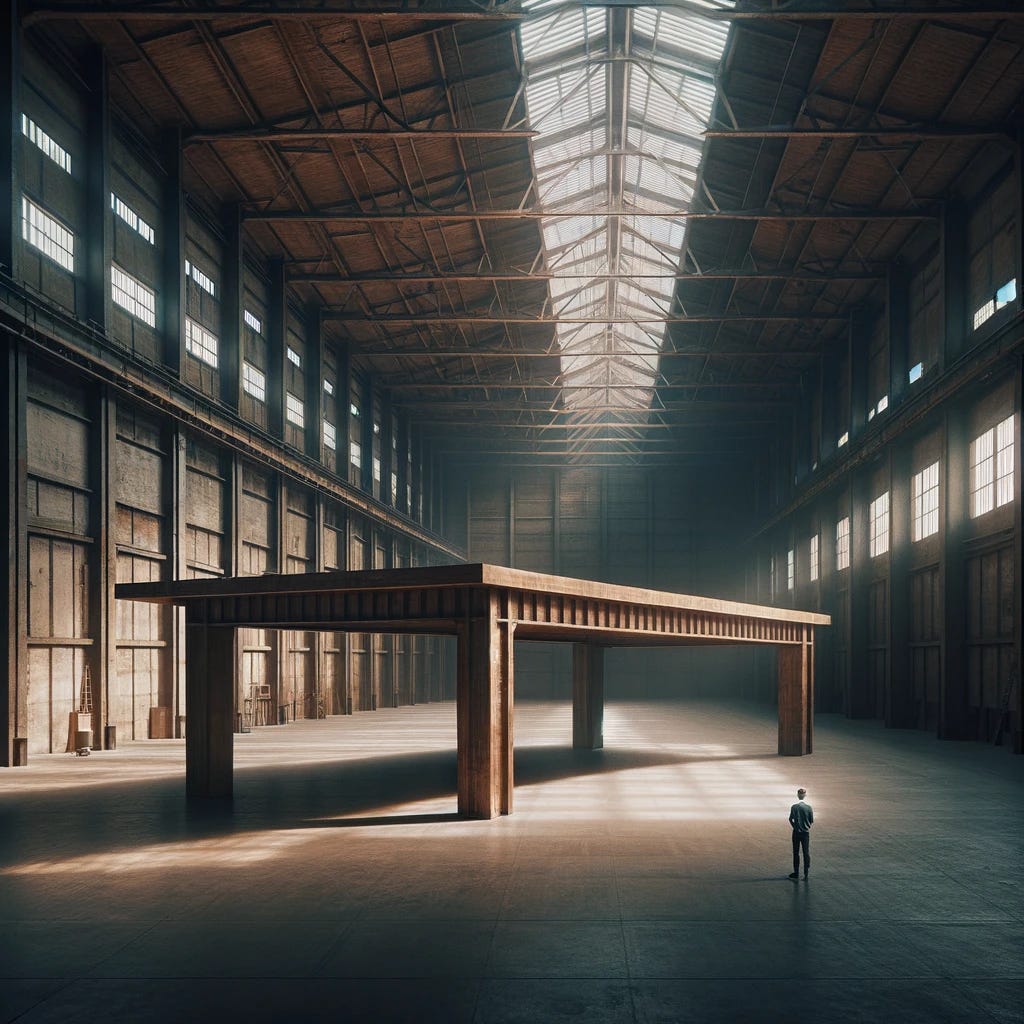 In a vast, dimly lit warehouse, a giant wooden table stands in the center, towering over its surroundings. The warehouse has high ceilings with exposed beams and large, slightly dusty windows that let in slivers of light. The atmosphere is somewhat rustic and industrial, with concrete floors and a minimalistic feel. Next to the table, there's a person standing, dressed in casual attire, looking small in comparison to the size of the table. The scene conveys a sense of scale, emphasizing the enormity of the table within the spacious warehouse setting.