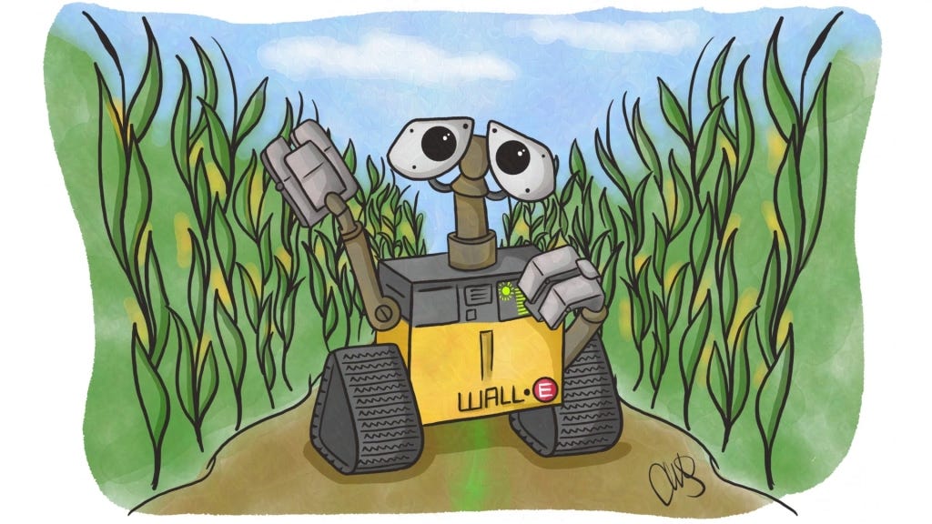 Wall-E Fan art with the little robot waving from a corn field.