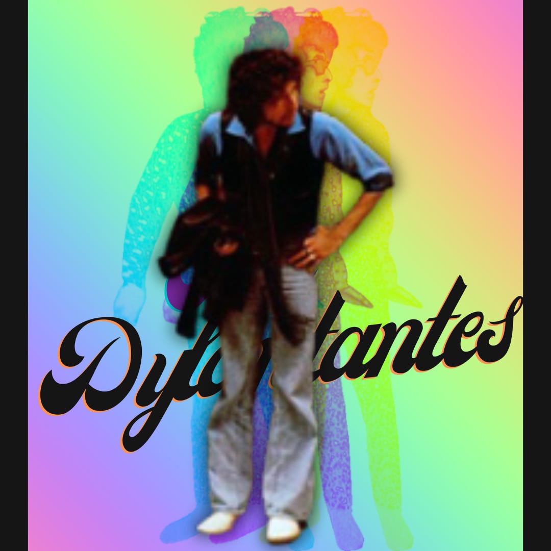 Photo of Dylan from Street-Legal cover superimposed over The Dylantantes logo