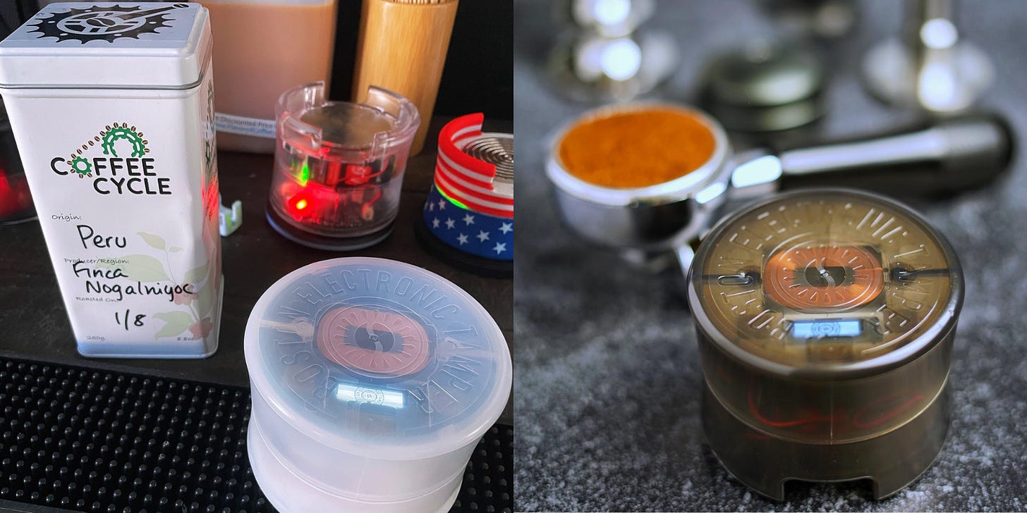 Close up shots of the BOSe Tamper automatic coffee tamping device.