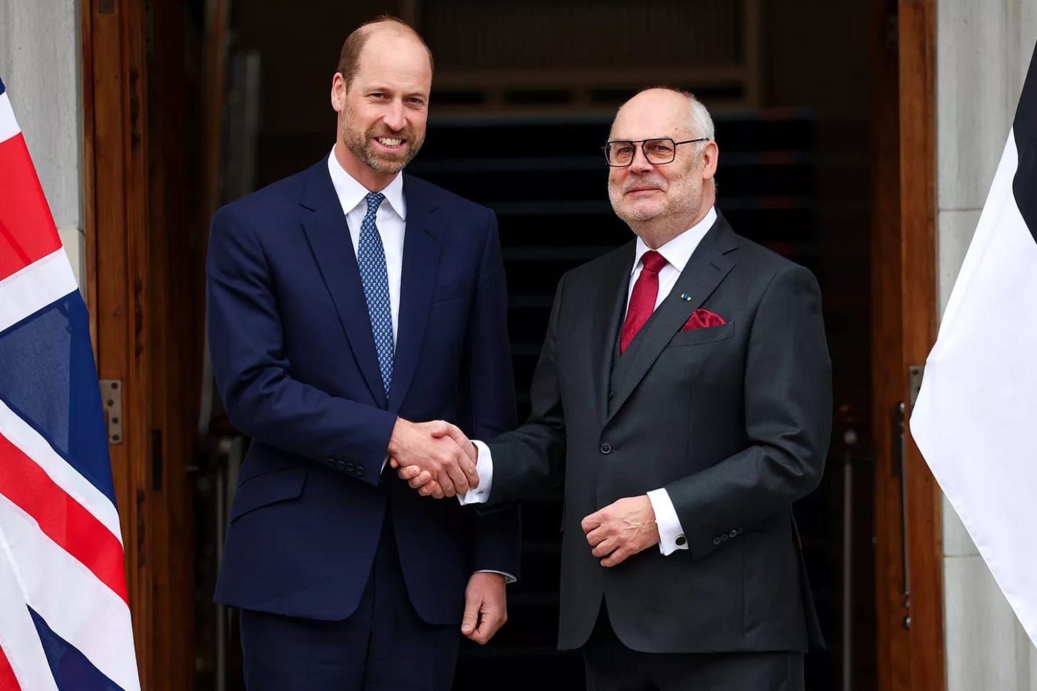 Prince William, Prince of Wales and President of Estonia, Alar Karis shake hands at the presidential office on March 20, 2025 in Tallinn, Estonia.