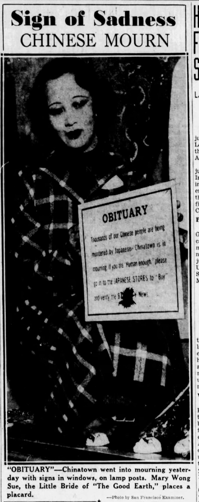 photo of Mary Wong (from Lodi) posting sign that says "Obituary..." an anti-Japanese propaganda