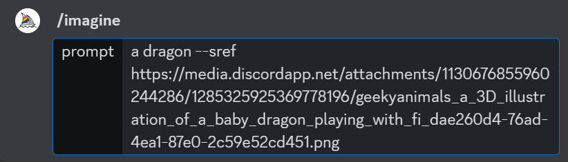 Discord will automatically shorten the link in the prompt and the prompt will become: a dragon — sref https://s.mj.run/2nyGJFdO99o