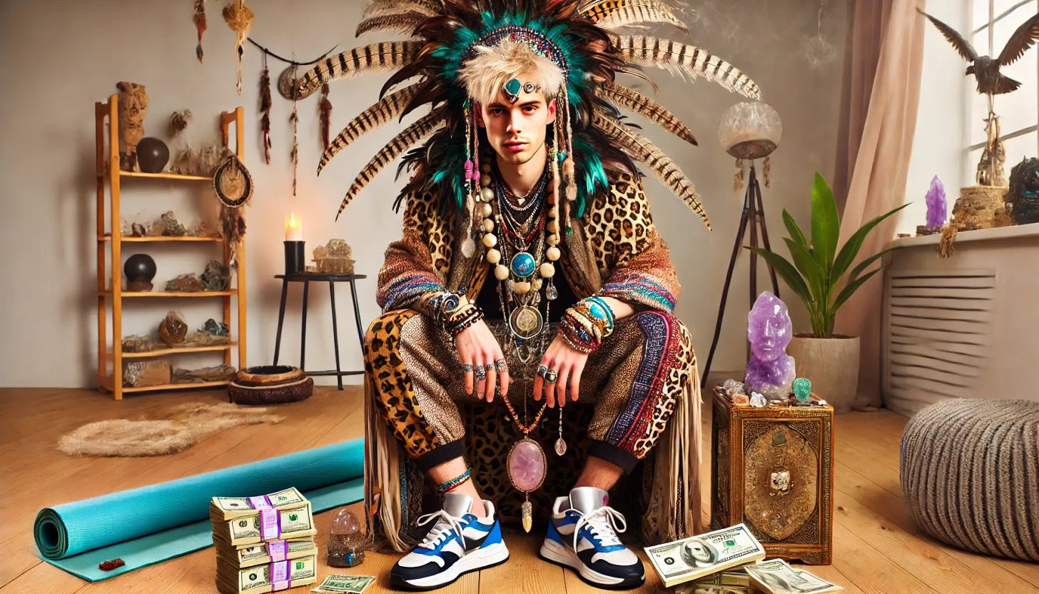 A smug-looking young man with pale skin, wearing an absurd and over-the-top shaman outfit. His attire is an exaggerated mix of spiritual items: a feathered headdress, layers of beaded necklaces, a shimmering robe with mismatched patterns, and a belt made of crystals and tarot cards. He is also wearing modern flashy sneakers. His pockets are overflowing with cash, with bills flying around him. The setting combines elements of a luxury apartment and a spiritual retreat, featuring yoga mats, incense burners, and glowing crystals. His expression is arrogant, as if reveling in the bizarre blend of mysticism and materialism.