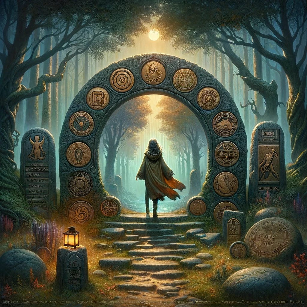 Imagine The Wounded Dreamer at a pivotal moment on her journey, standing at the threshold of a mystical portal within Mirrormere's forest, representing her Call to Adventure. This portal, framed by ancient stones etched with archetypal symbols, leads to unknown realms, symbolizing the challenges and transformations awaiting her. She's dressed in a cloak that shimmers with the colors of the forest, indicating her readiness to embrace her destiny. In her hand, she holds a lantern that casts a light on the path ahead, symbolizing her quest for knowledge and enlightenment. Behind her, the path she has traveled is visible, marked by signs of her trials, victories, and the lessons learned, reflecting the stages of the Hero's Journey. Various archetypal figures, such as the Mentor, the Shadow, the Ally, and the Trickster, are subtly integrated into the forest around her, embodying the forces that guide, challenge, and assist her. Above, the sky transitions from night to dawn, illustrating her growth from darkness into awareness. This scene captures the essence of The Wounded Dreamer's adventure, her courage to face the unknown, and her ongoing transformation through the power of the archetypes and the cyclical nature of her personal hero's journey.