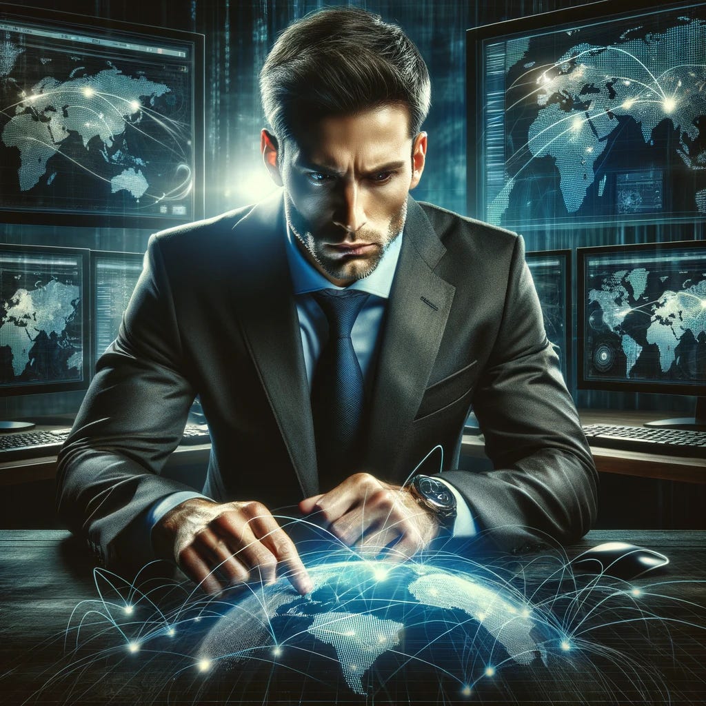 A masculine man in a professional setting, intensely focused on building a global intelligence network. He's surrounded by multiple computer screens displaying maps and data from various parts of the world. The man is depicted with a serious expression, showcasing determination and intelligence. In the background, digital connections crisscross a globe, symbolizing the expansive network he's creating. The scene is a blend of modern technology and strategic planning, emphasizing the global scale of his work.