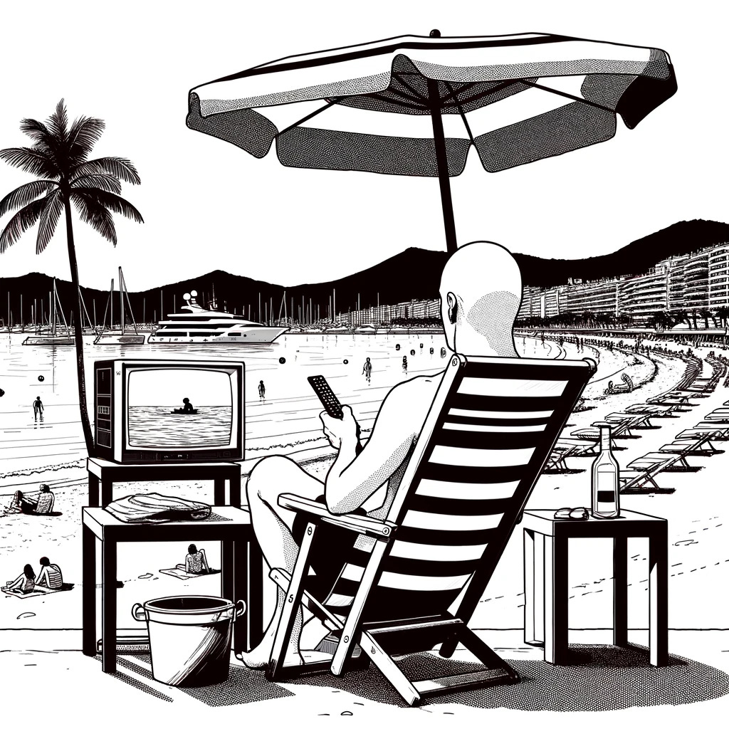 A black and white line drawing of a bald person sitting on a beach in Cannes, watching a TV. The person is sitting on a lounge chair, with a beach umbrella providing shade. The TV is set up on a small table in front of them. In the background, there are palm trees, the sea, and some yachts. The drawing style should be clean and detailed, capturing the relaxed atmosphere of the scene.