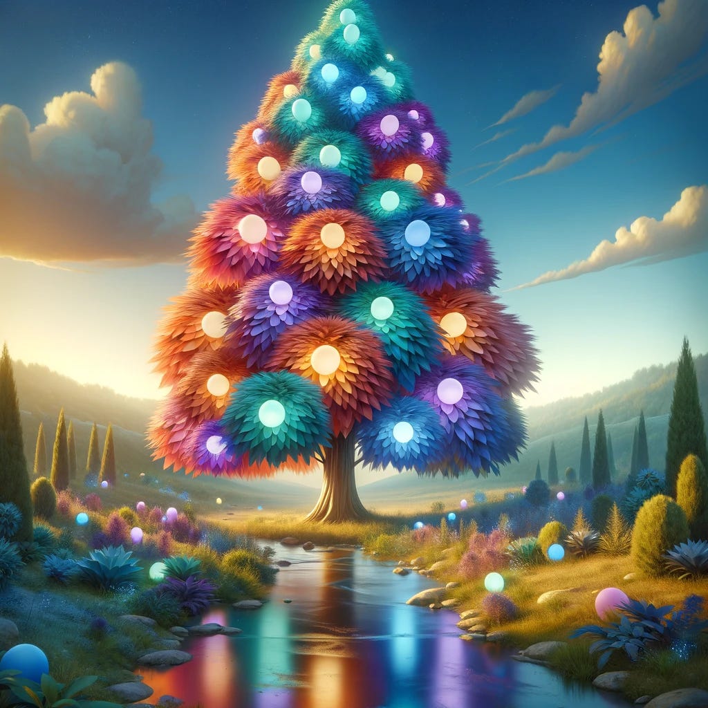 A whimsical tree in a serene landscape that distinctly differs from a traditional Christmas tree. The tree is tall and majestic, with leaves of vibrant colors like purple, orange, and blue, rather than the typical green. It's adorned with glowing orbs in various pastel shades, emitting a soft, warm light. The landscape around the tree is lush and tranquil, with a clear blue sky and a few fluffy clouds. Nearby, a small brook meanders gently, reflecting the colors of the tree in its sparkling waters.
