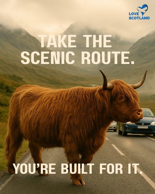 May be an image of road and text that says "LOVE SCOTLAND TAKE THE SCENIC ROUTE. YOU'RE BUILT FOR YOU'REBUILTFORIT. IT"