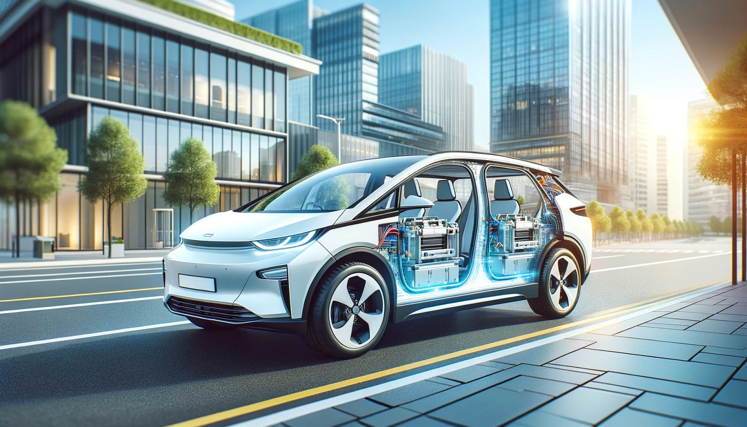 A wide-format illustration showing a modern electric car with visible battery compartments in an urban setting, emphasizing safety and advanced technology. The car exhibits a clean, futuristic design, parked on a street with modern buildings and infrastructure. The scene is bright and optimistic, highlighting the innovation and safety in electric vehicle technology. The image is professional and informative, ideal for an article header on electric vehicle safety and advancements in technology.