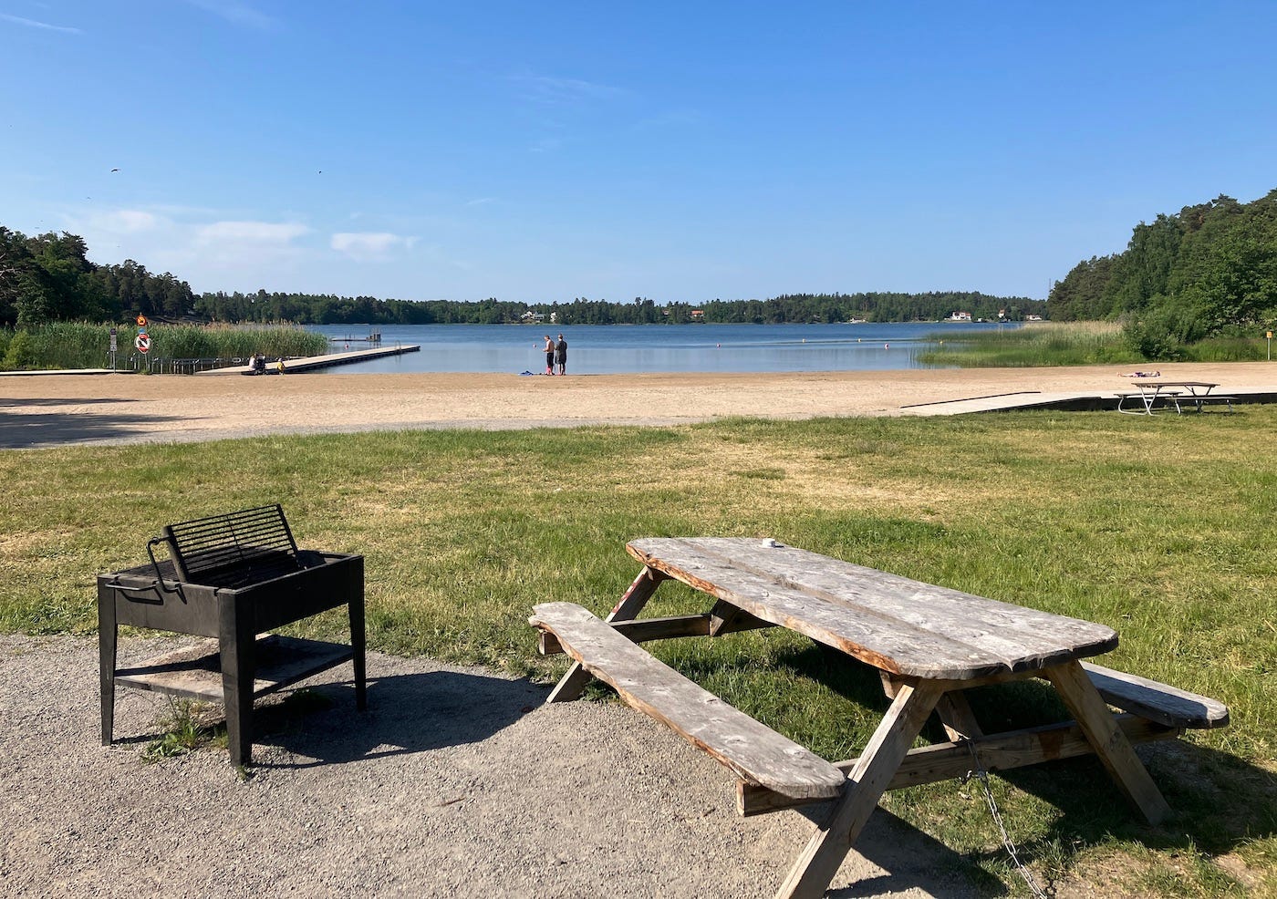 A barbecue and picnic table near grass by the lake.