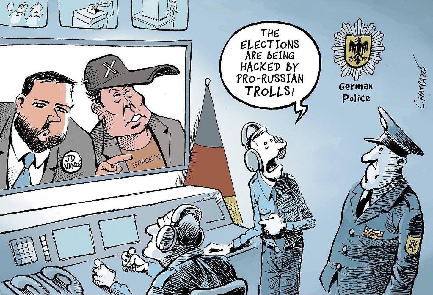 May be pop art of ‎text that says '‎سولنگ THE ELECTIONS ARE BEING Ac BY PRO-RUSSIAN TROLLS! German Police 1 VANGE SPATEX د バーン‎'‎