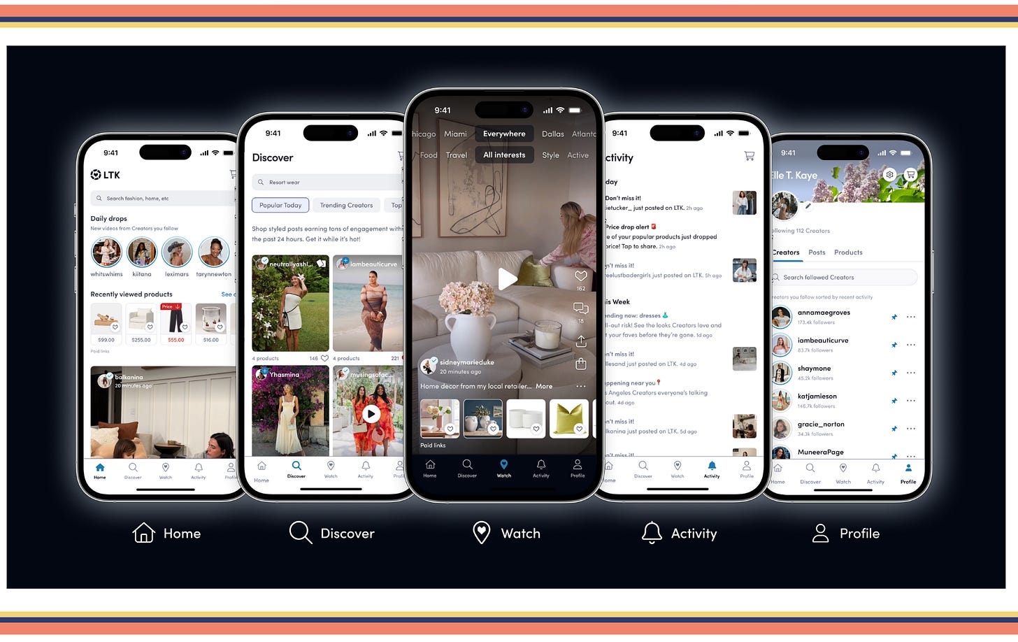 5 mobile screens reflecting LTK’s news experience. Tabs are: Home, Discover, Watch, Activity, Profile