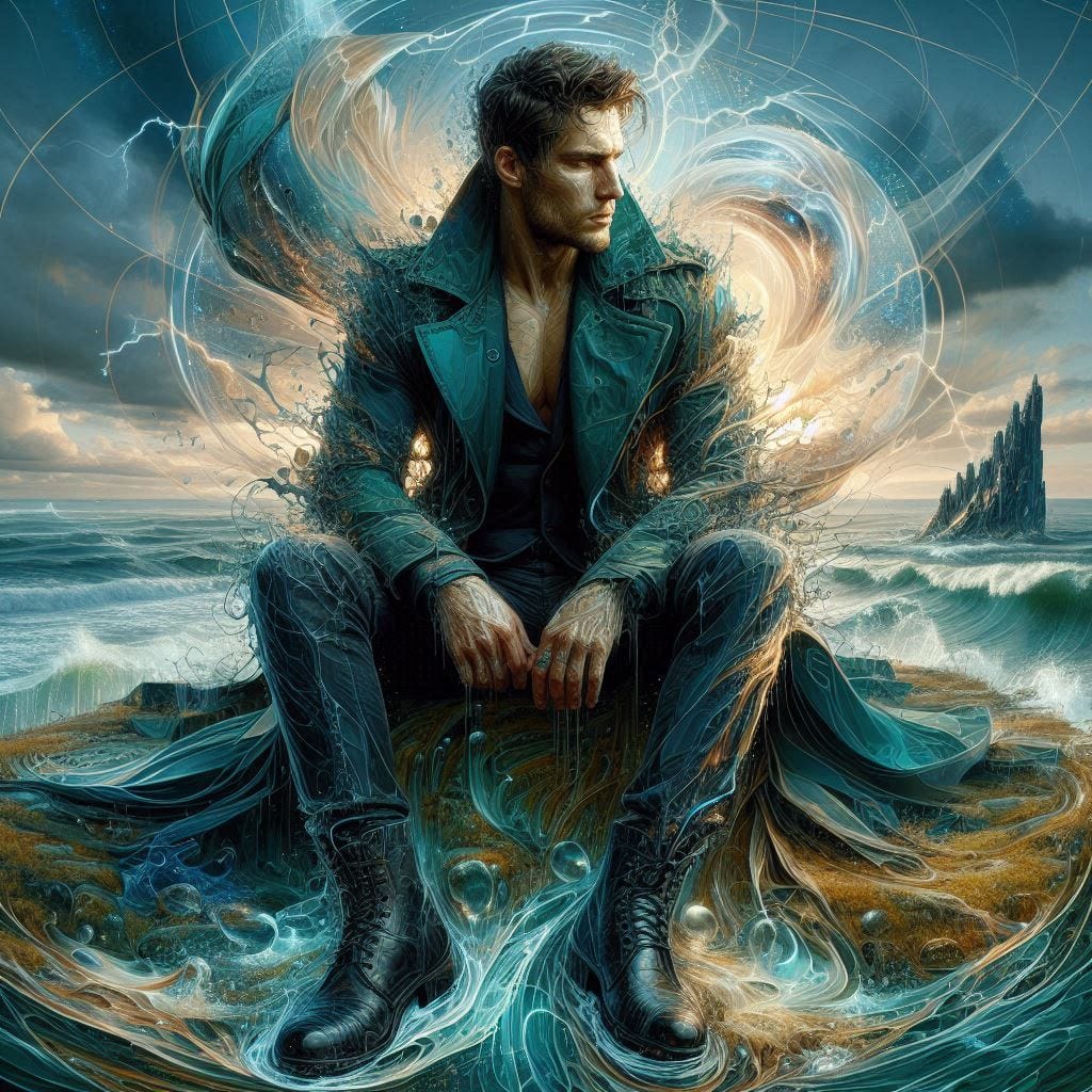 resin dendric lightning inside glass structure; tiltshift /Broken into fragments/ pieces/ 5d angled glass embedded /beautiful, heroic, strong handsom man/ velvet bluegreen long coat/ black leather boots. water in resin/ ; he is at Monks mound at Cahokia / amber cream,tsunami full of fire/ reverberating waves. black hole in floor/ water in resin verdigris/ In the style of Michael Parkes. black etching/ black linework/ black sky 