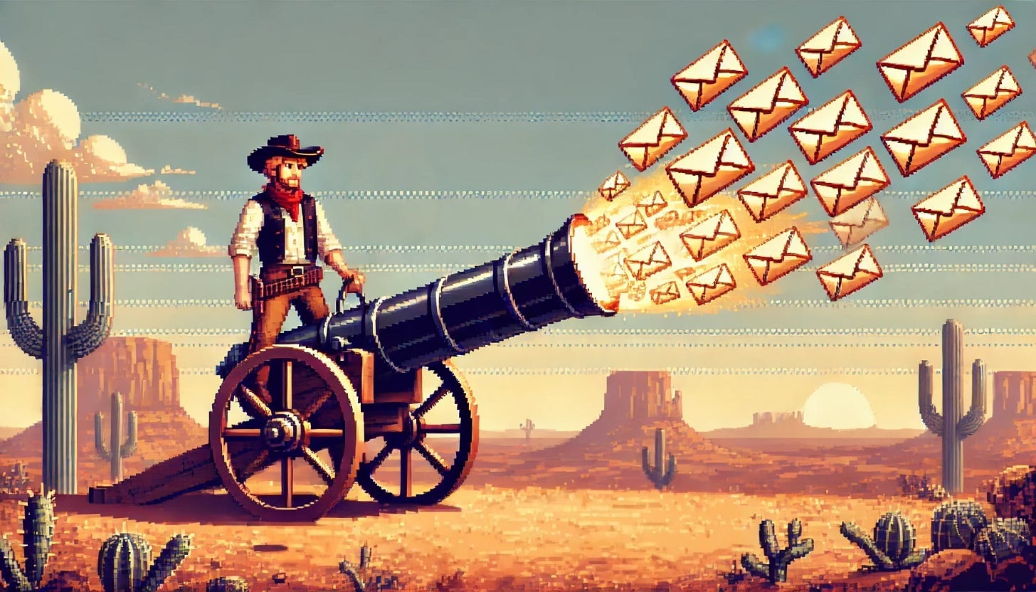 A pixel art scene of a cowboy firing an email spam cannon, which is shooting out a stream of envelopes with the unmistakable appearance of email icons. The cannon is angled slightly upward with a bright muzzle blast, and a dense trail of envelopes shoots forward. The cowboy stands confidently behind the cannon, wearing a classic hat, boots, and rugged attire, pulling a lanyard to fire. The backdrop is a dusty desert landscape with cacti, a wide-open sky, and mesas in the distance, evoking the frontier spirit. There are no envelopes or bowl-shaped objects lying on the ground, ensuring the scene remains clean and focused on the cannon's action. The image is rendered in the style of a 1980s adventure computer game, with warm, nostalgic colors.