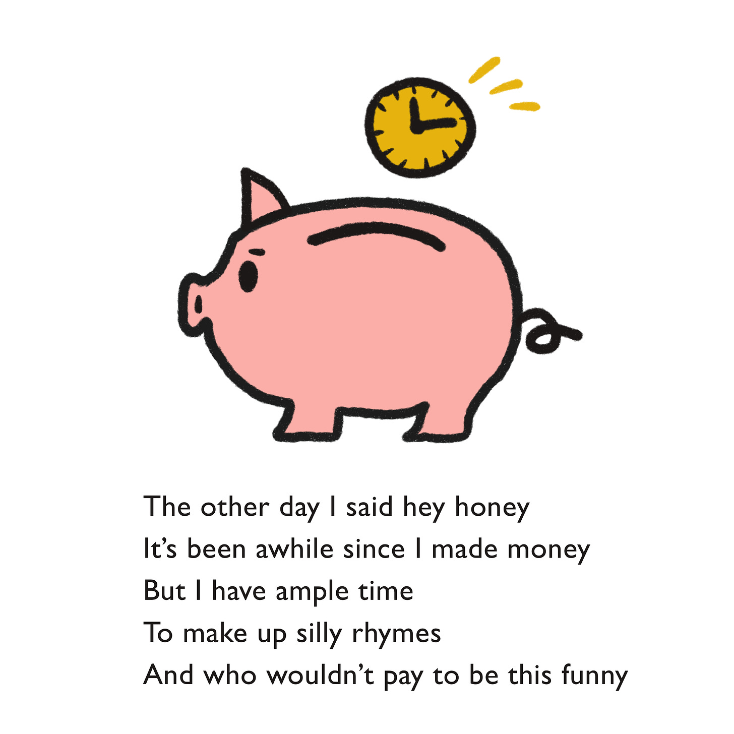 A hand-drawn illustration of a pink piggy bank. A yellow coin with the face of a clock is falling into the pig's back.