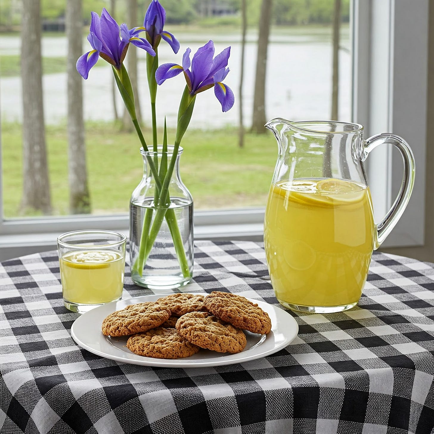 Photo of pecan oatmeal cookies on a plate with lemonade nearby, and a vase of iris blooms. Photo of pecan oatmeal cookies on a plate with lemonade nearby, and a vase of iris blooms.