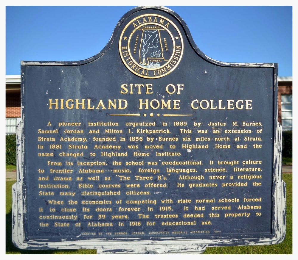 Highland Home College historical marker, Highland Home, Crenshaw County, Alabama