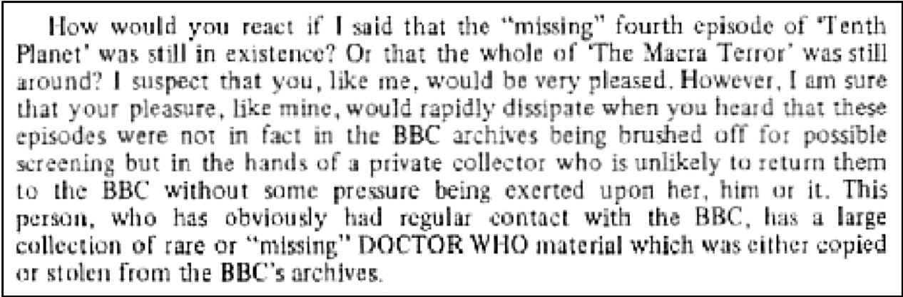 Fanzine cutting claiming that episodes including The Tenth Planet episode four and the whole of The Macra Terror existed in private hands.