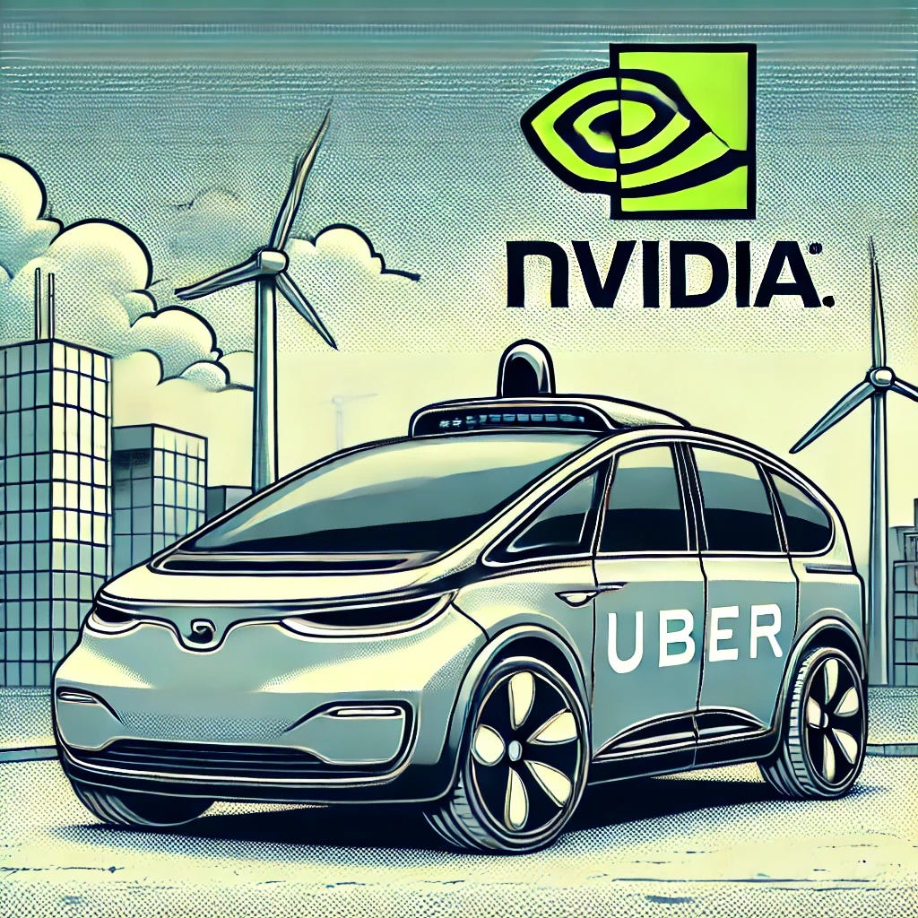 A clean, professional pop-art style illustration featuring a futuristic autonomous vehicle collaboration between Uber and Nvidia. The Uber logo should be prominently placed and well-defined on the car body, seamlessly integrated alongside the Nvidia logo in a balanced and visually appealing manner. The vehicle should have a sleek, minimalistic style with sharp lines and limited shading, emphasizing clarity and precision. The background should feature a modern cityscape with wind turbines and financial growth elements, keeping a minimalistic and professional style. Ensure both logos are prominent, accurately drawn, and match the artistic style flawlessly. Format: 16:9, 1920x1080 resolution.