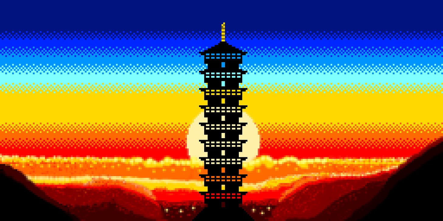 Pixel art of the Tin Tower from Ecruteak City, created by Darren from Johto Times