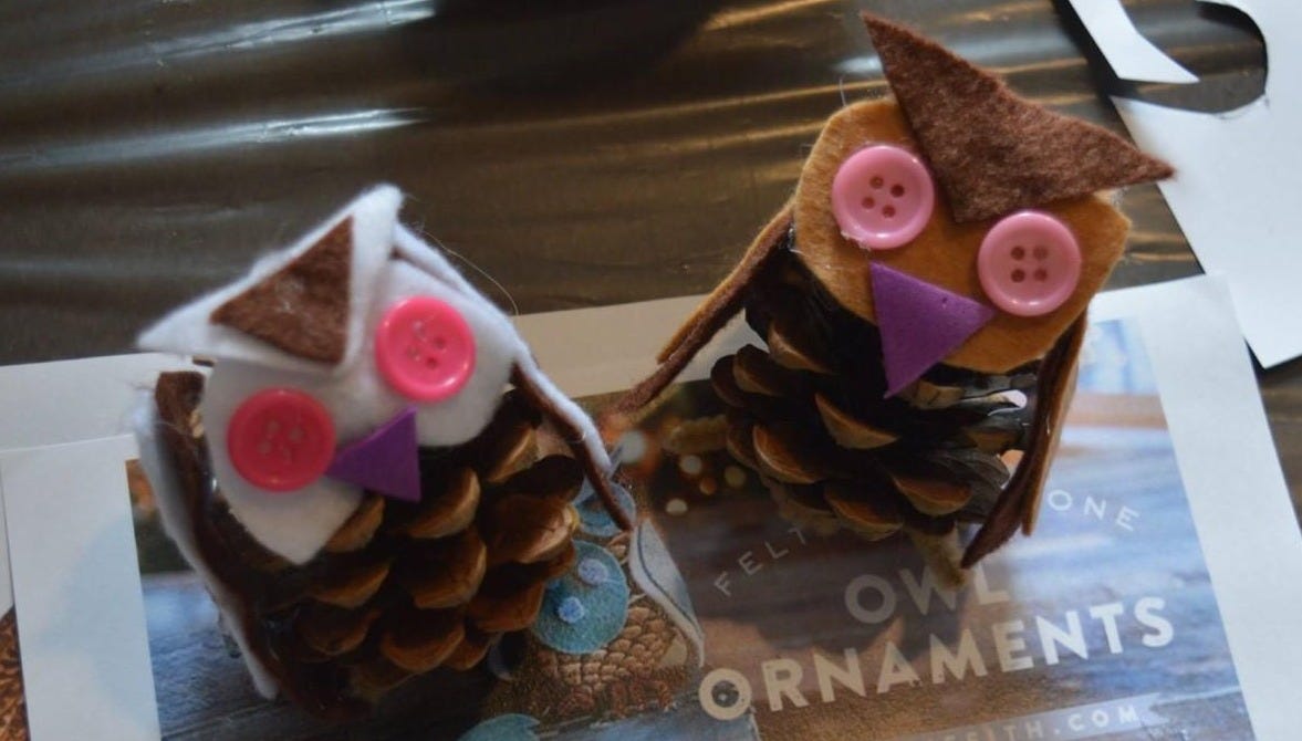 pine cone owls with button eyes and felt details