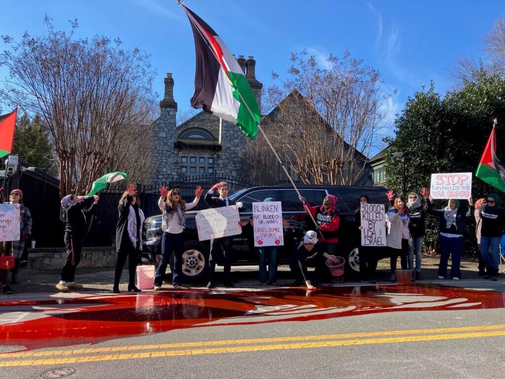 Protesters camping outside Secretary of State Antony Blinken's house in McLean, Virginia, Feb 1, 2024. (Photo: Fadil Aliriza)