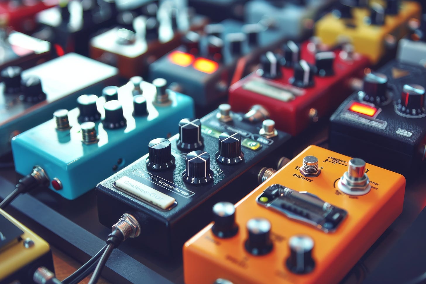 AI generated image of guitar pedals. So there are some inaccuracies in how they look.