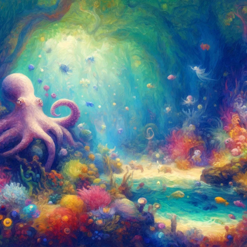 A brightly colored, AI generated image depicting an octopus at home under the water and surrounded by other sea life.