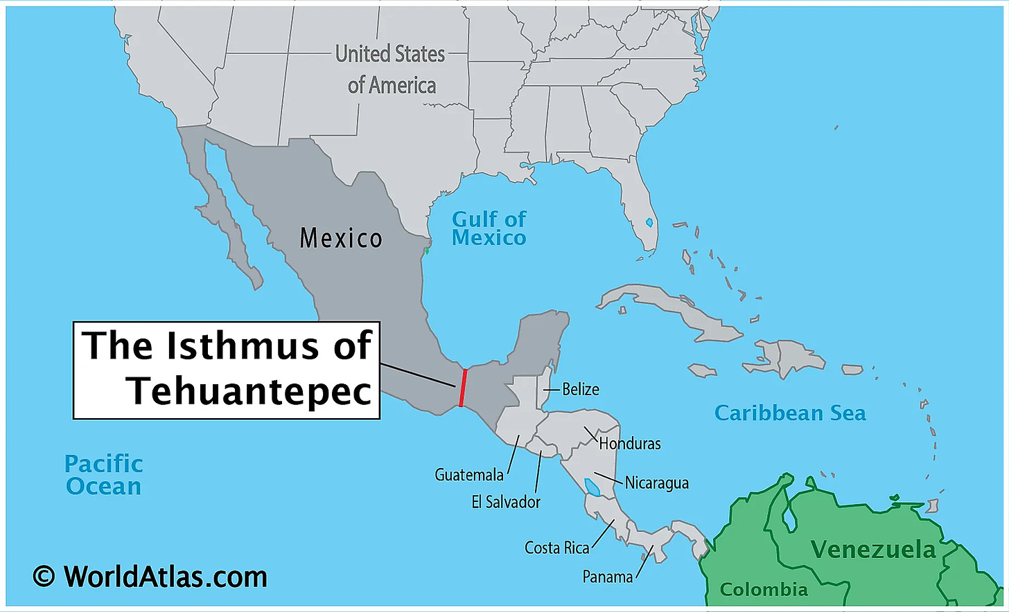 Map of Mexico detailing the Isthmus of Tehuantepec