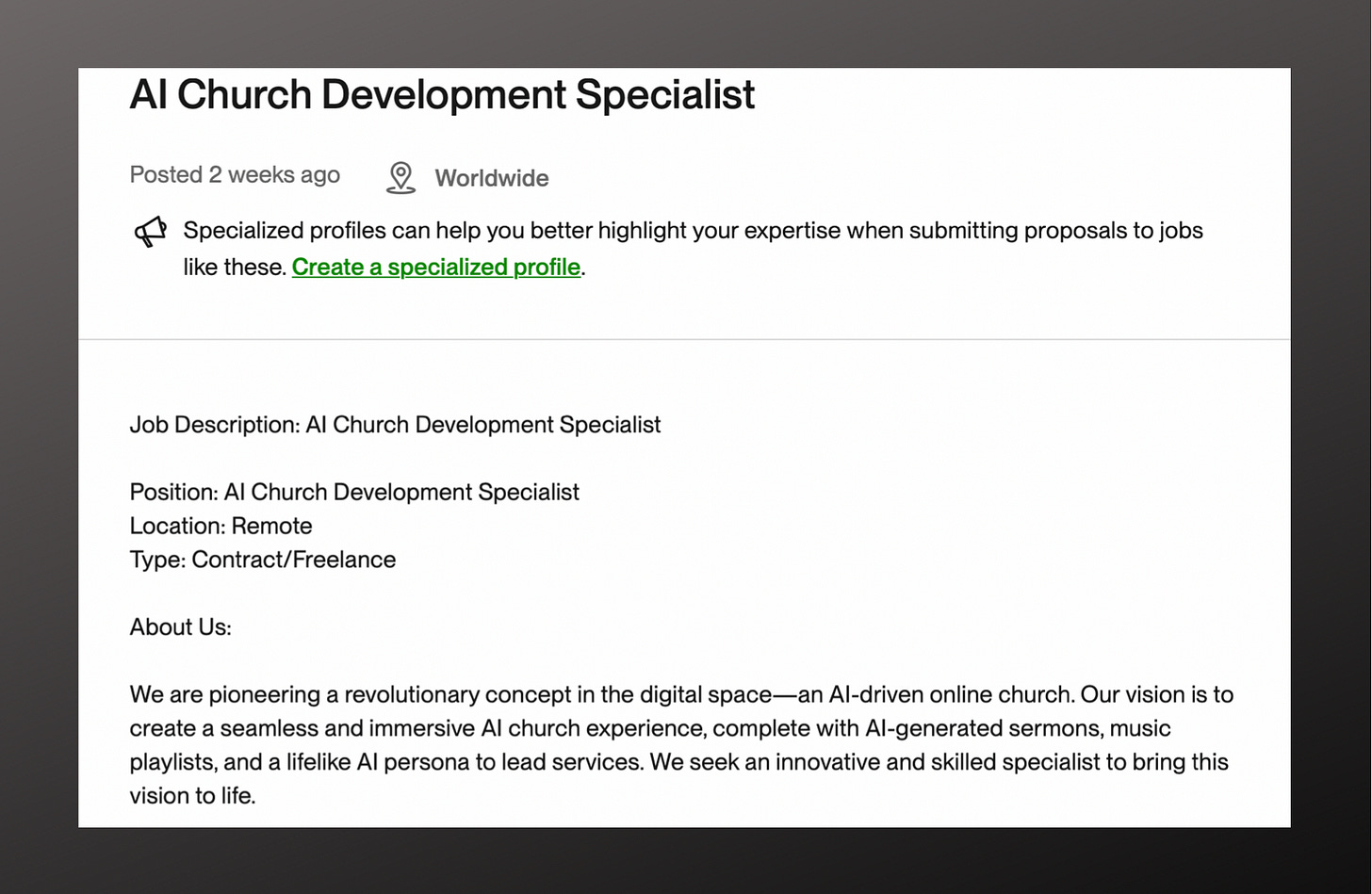 AI Church Development Specialist listing from Upwork.