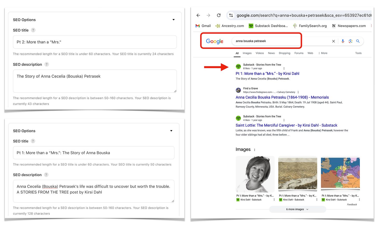 Screen captures highlighting the difference between the default SEO title and description and an optimized one with the resulting higher ranking Google search result.