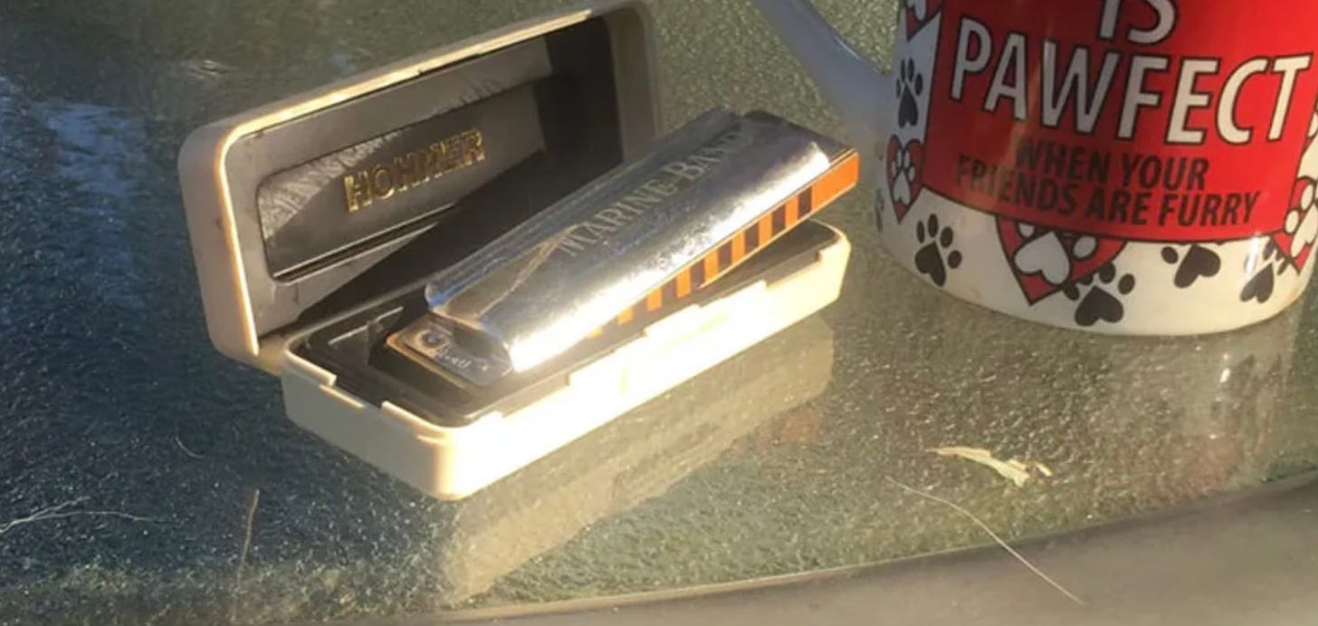 A harmonica in a case sitting on a deck table withe a mug of coffee to the right.