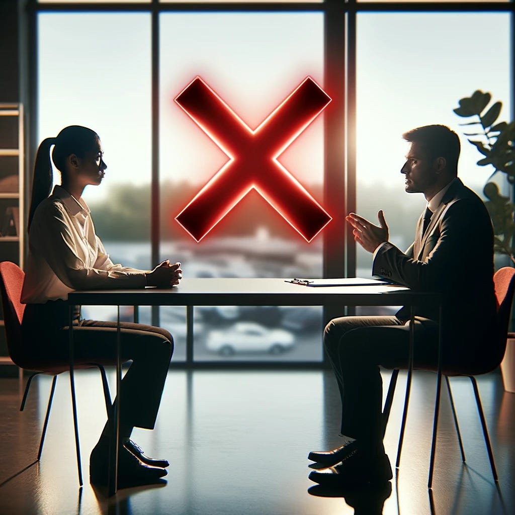 A photograph of a person sitting down for a one-on-one meeting with their manager, with a symbolic red cross superimposed across the image. The setting is a professional office, with the employee and manager seated across from each other at a sleek table. The employee appears engaged and focused, while the manager is gesturing as if explaining something important. The background of the office is neat and modern, with a window showing a view of the city. The lighting is bright and clear, highlighting the faces of both individuals. The red cross, bold and striking, is superimposed diagonally across the image, symbolizing conflict or cancellation. The photograph is taken with a DSLR camera, using a 50mm lens, f/2.8 aperture, 1/160s shutter speed, and ISO 200, capturing the serious tone of the meeting with a dramatic visual element.
