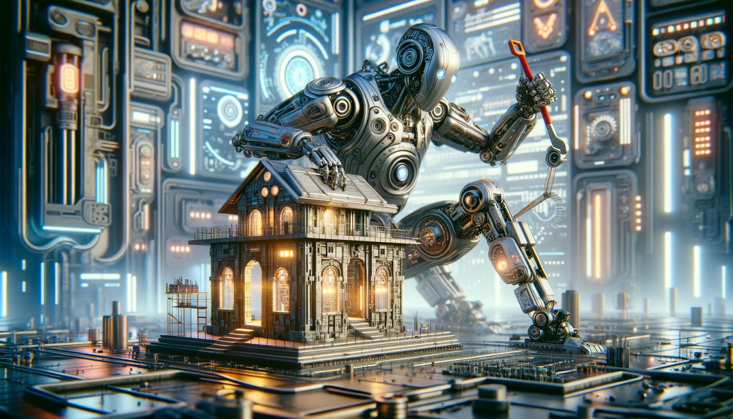 A mason robot building a cybernetic house with his own hands. It features a futuristic style, made of metallic materials, with robotic arms showcasing precision engineering. The robot is a mechanical masterpiece, highly detailed. The background depicts sci-fi architecture with neon lights, holographic displays, and a cyberpunk aesthetic. The image has HD, 4k resolution, resembling a professional photograph with long exposure, vibrant colors, and high contrast. The setting is industrial, with gears, machinery, steam, smoke, and sparks flying, alongside intricate wiring. This scene looks like trending futuristic concept art found on ArtStation, Instagram, and Pinterest. It's created in 3D modeling software like Blender, with realistic rendering and physically-based materials. The focus is a close-up shot of the robotic figure, capturing the intricate details of the machinery. The cybernetic house has a sleek and modern design, with clean lines, glass panels, and integrated technology, reflecting themes of cybernetics, artificial intelligence, and futuristic living.
