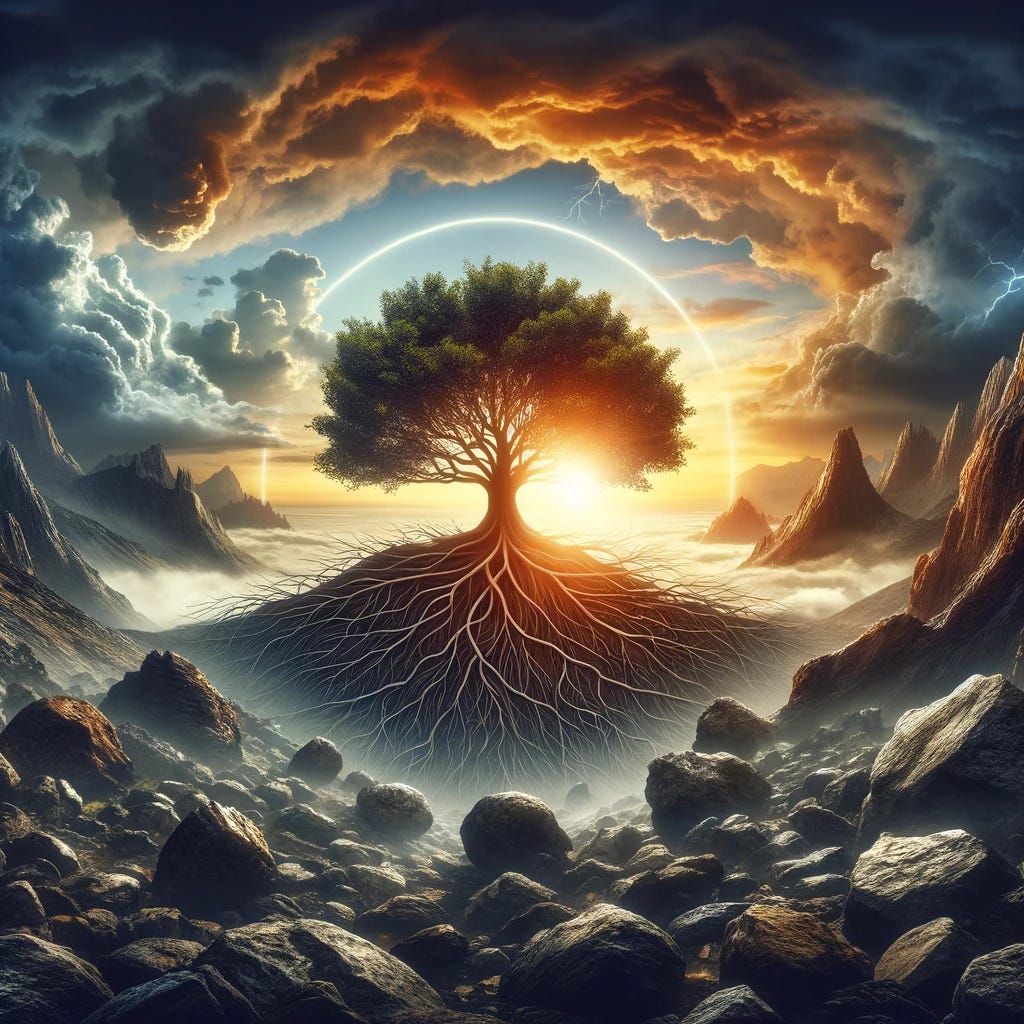 Create a compelling cover image for an article that explores the ancient wisdom on adversity and growth. Visualize a scene that symbolizes resilience, growth, and the transformative power of hardships. The image should feature a sturdy tree growing on rocky terrain, its roots deep and spreading, overcoming the harsh environment. This tree stands as a metaphor for human strength and the ability to thrive in the face of adversity. The background should depict a sunrise or sunset, symbolizing hope, renewal, and the continuous cycle of overcoming challenges. This image aims to inspire viewers to embrace life's difficulties as opportunities for personal development and to find strength in their own resilience.