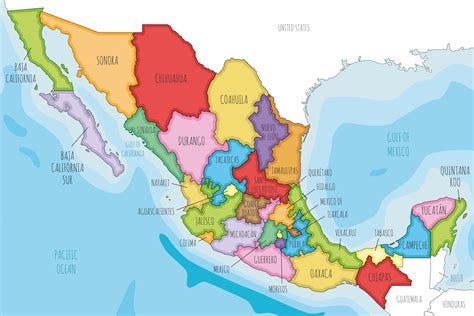 Vector illustrated map of Mexico with regions or states and ...