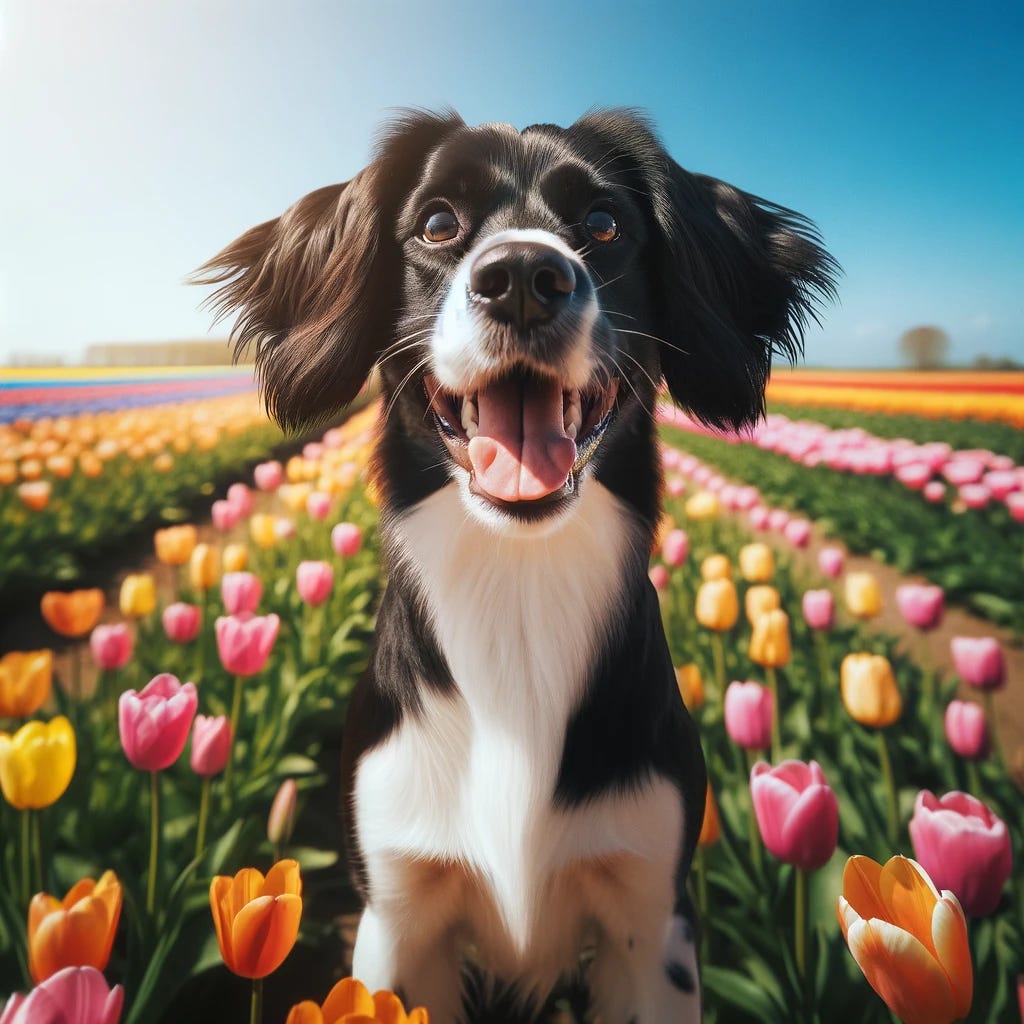 A Springador (a cross between a Springer Spaniel and a Labrador Retriever) joyfully playing in a field full of vibrant tulips under a clear blue sky. The dog is medium-sized, with a glossy black and white coat, displaying an expression of sheer happiness. Its ears are slightly floppy, characteristic of a Springer Spaniel, and its build reflects the sturdy nature of a Labrador Retriever. The tulips are in full bloom, showcasing a rainbow of colors across the field. The sun is shining brightly, casting soft shadows on the ground, enhancing the playful and cheerful atmosphere of the scene.