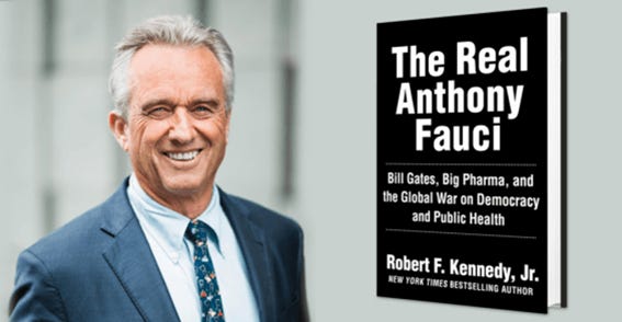 Cover of "The Real Anthony Fauci" book featuring a portrait of Dr. Fauci with bold text and a dark background.
