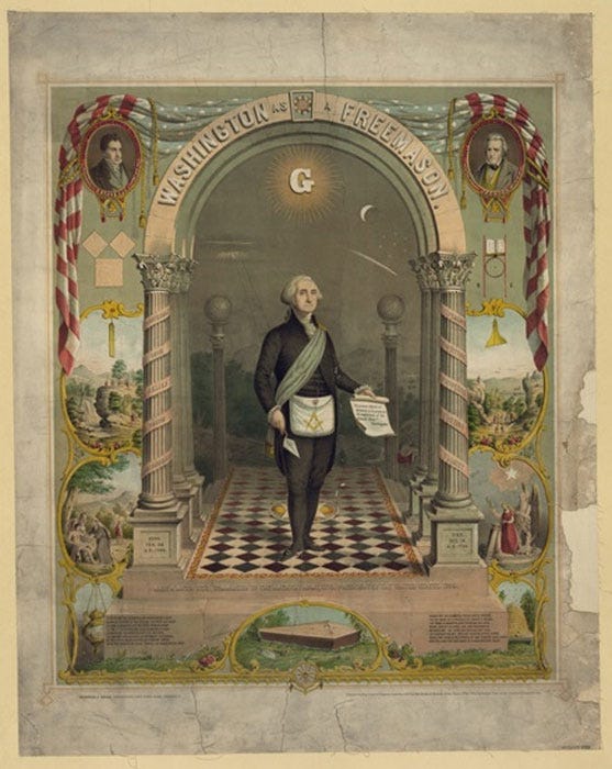 George Washington, full-length portrait standing, facing slightly right, in masonic attire, holding scroll and trowel. Strobridge & Gerlach lithographers, Pike's Opera House, Cincinnati, (1866)(Public Domain).