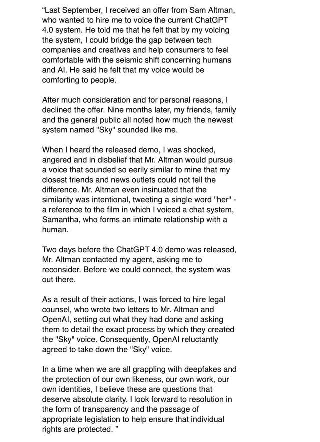 r/Fauxmoi - Statement from Scarlett Johansson  – she threatened to take legal action to stop OpenAI from using the "Sky" voice which sounded like her. 
