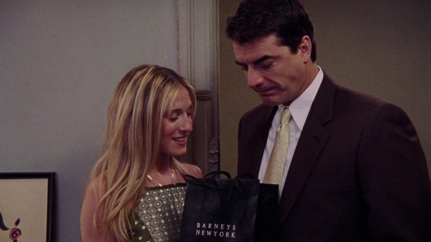 Barneys New York Shopping Bag Of Chris Noth As Mr. Big (John James Preston)  And Carrie Bradshaw (Sarah Jessica Parker) In Sex And The City S02E11  "Evolution" (1999)
