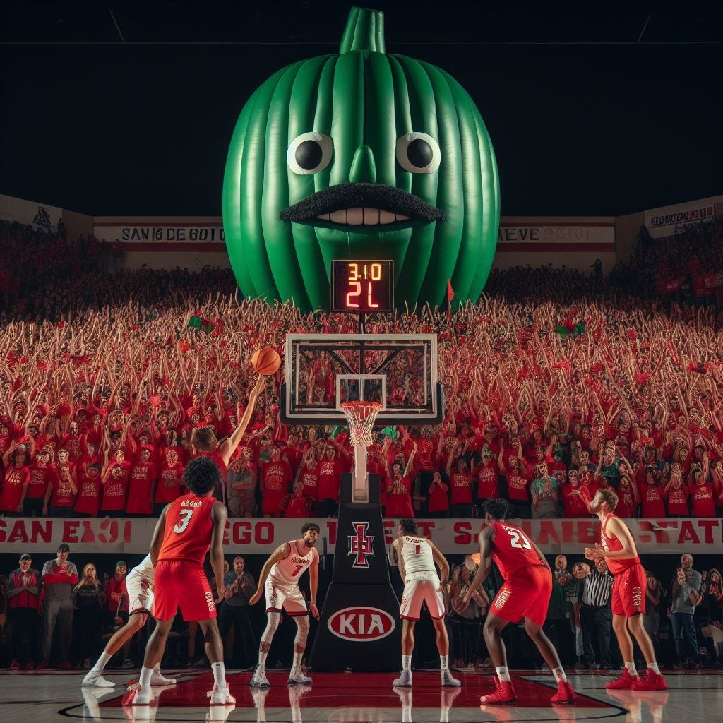 The San Diego State basketball student section waving around a giant green chile behind the basketball goal as a New Mexico player shoots a free throw
