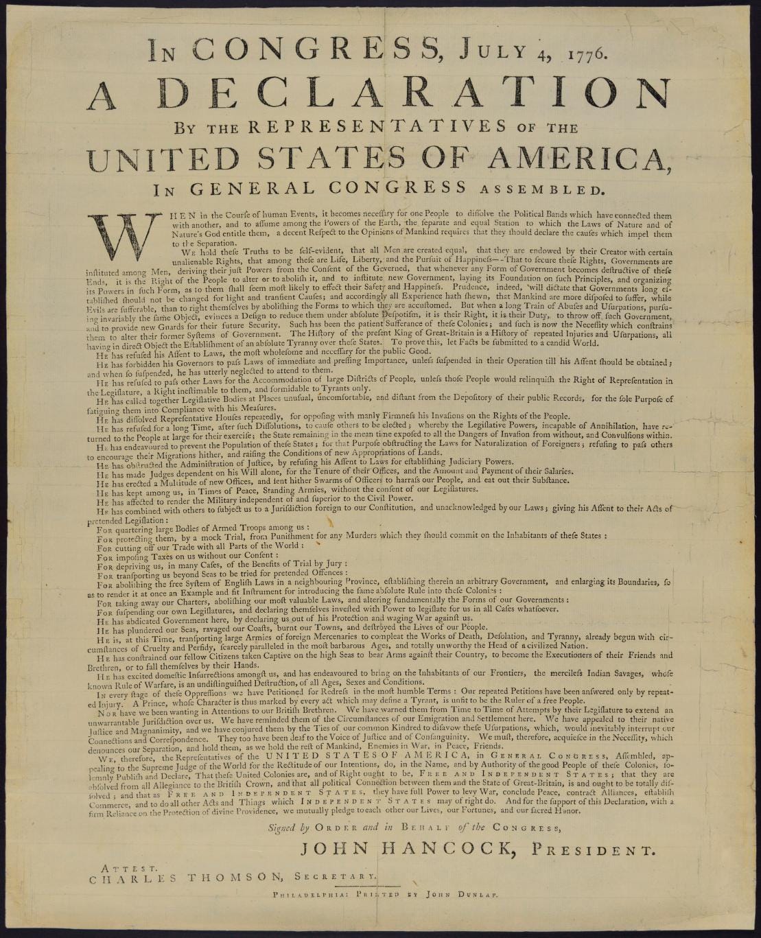 Dunlap broadside in the Rare Book and Special Collections Division.