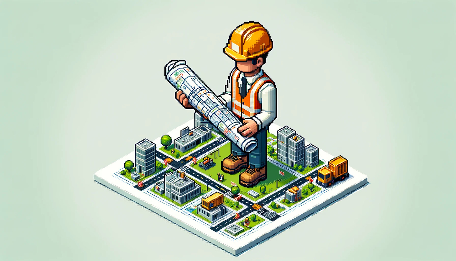 Create a hyperrealistic and isometric icon set on a white background, inspired by 8-bit art, depicting a construction worker holding urban plans in a landscape orientation. The scene simplifies the essence of 8-bit style through pixelated figures, while incorporating hyperrealistic and isometric perspectives. The construction worker, rendered in traditional attire including a pixelated hard hat and high visibility vest, presents a set of urban plans. These plans are detailed enough to suggest a complex urban project, with visible lines, measurements, and schematic symbols, all rendered in a style that nods to classic 8-bit graphics but includes the depth and clarity of hyperrealistic design. The overall composition merges nostalgia with modern design principles, showcasing the worker as engaged and focused on the task of urban development. This unique blend aims to evoke the simplicity and charm of 8-bit art while delivering a clear, professional message about the importance of planning in urban construction.