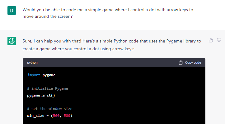 Asking ChatGPT to code a game